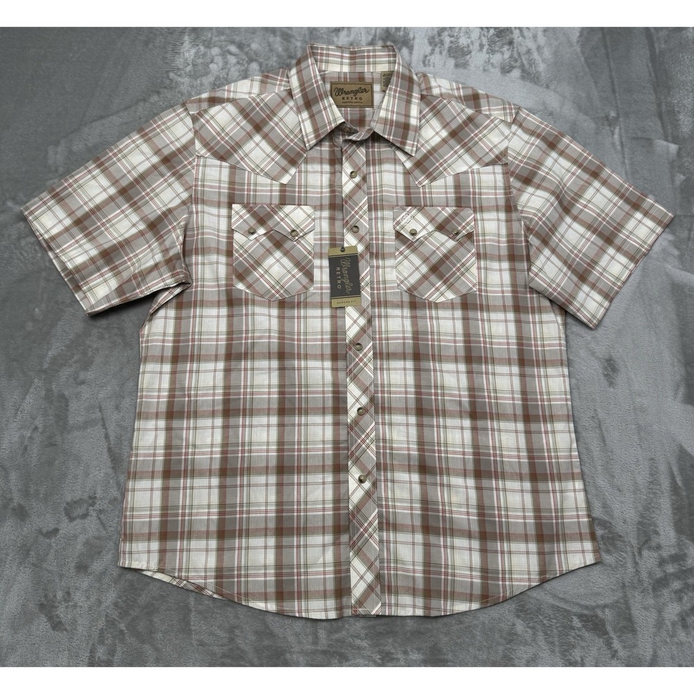Wrangler Retro Pearl Snap Mens XL Short Sleeve Brown Red Plaid Western Rodeo NWT
